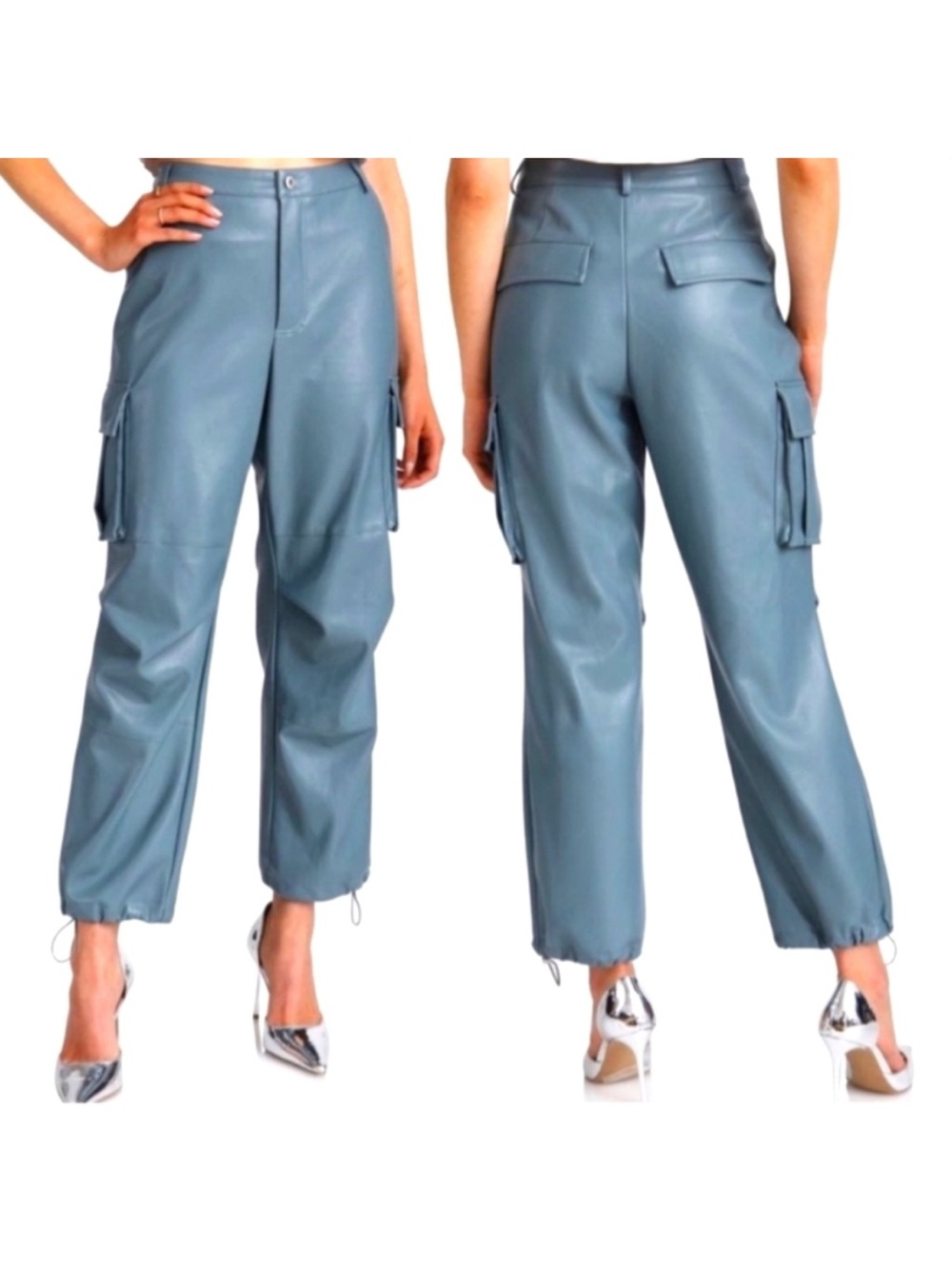7 For All Mankind Women’s High-Rise Vegan Leather Cargo Pants - Slate Blue
